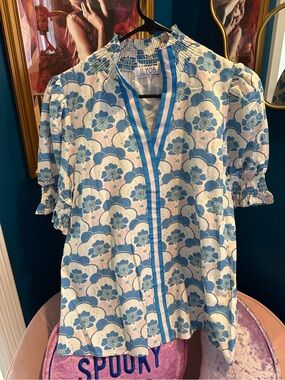 Blue Floral Short-Sleeve Blouse